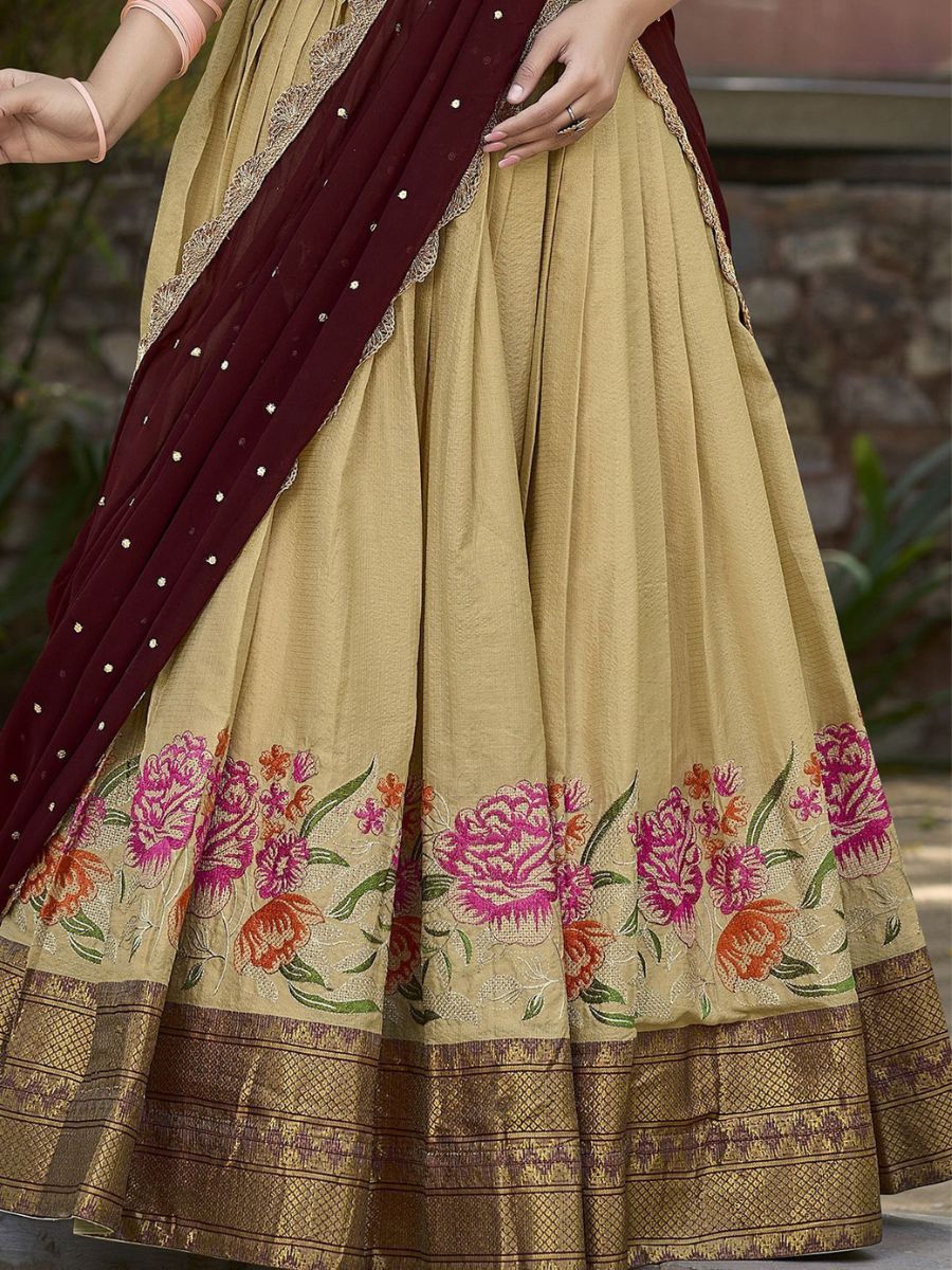 Traditional Cream and Maroon Cotton Half Lehenga Saree - Embroidery Work