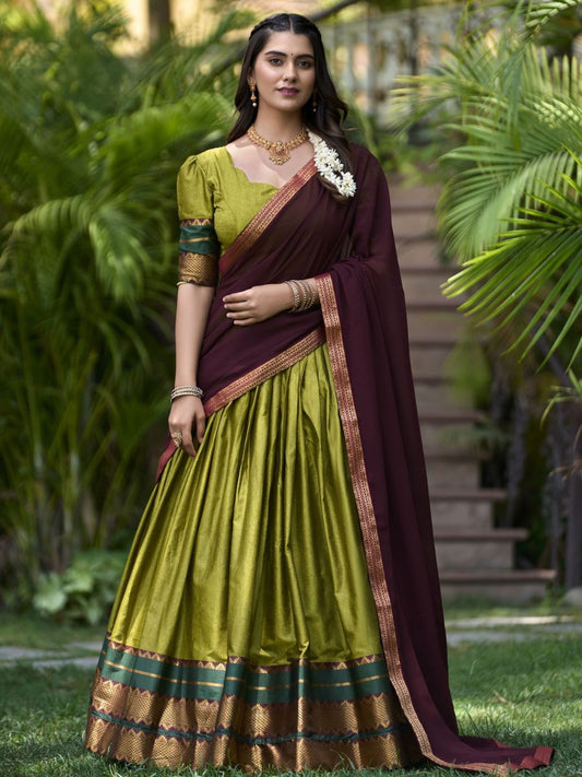 Buy Traditional Green and Maroon Cotton Half Lehenga Saree Online - AllThingsAboutWedding