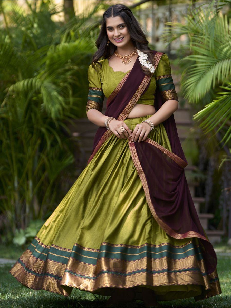 Traditional Green and Maroon Cotton Half Lehenga Saree - Flair