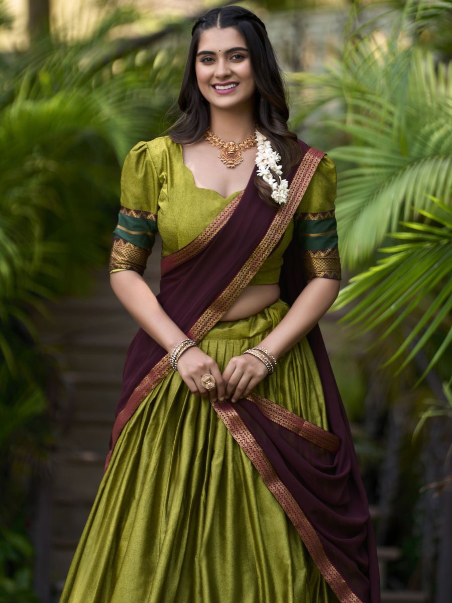 Traditional Green and Maroon Cotton Half Lehenga Saree - Blouse Front Neck