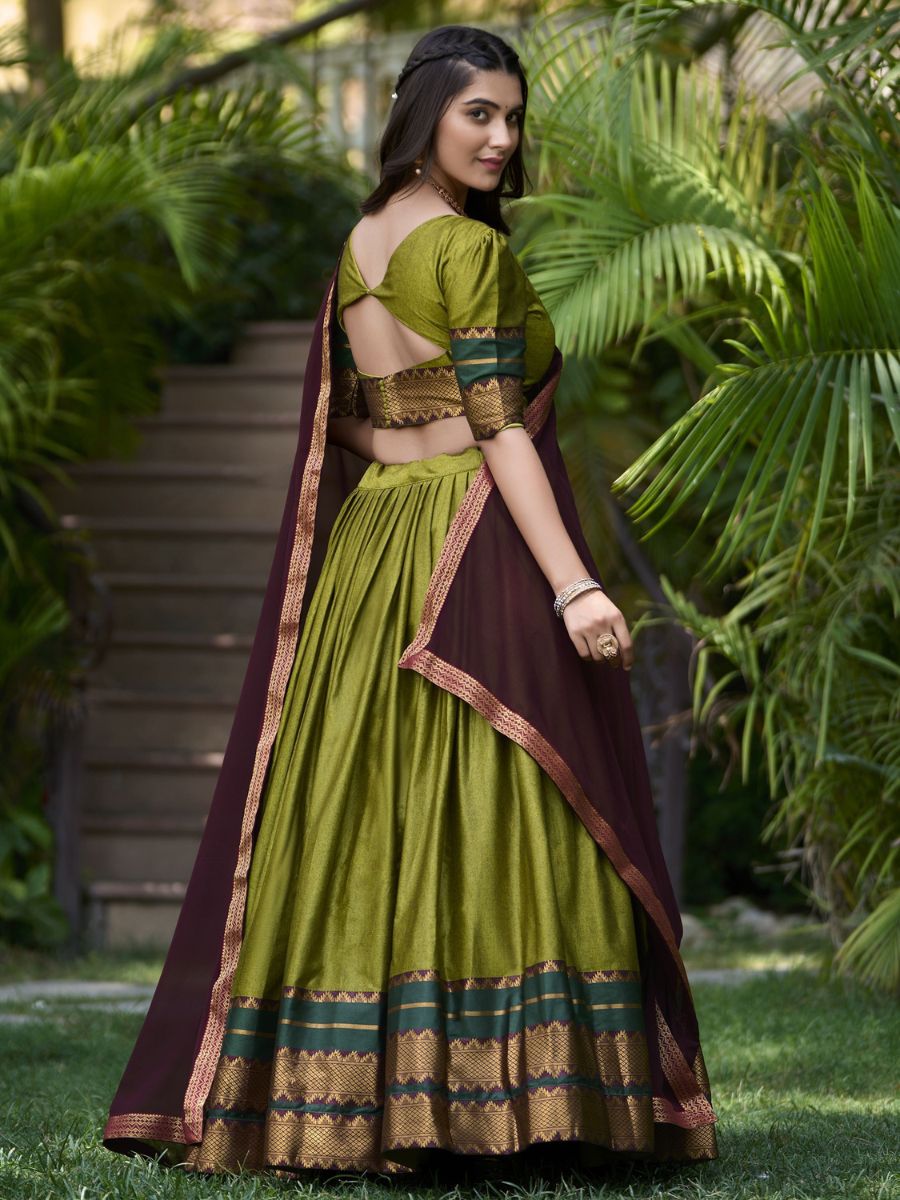 Traditional Green and Maroon Cotton Half Lehenga Saree - Back Side