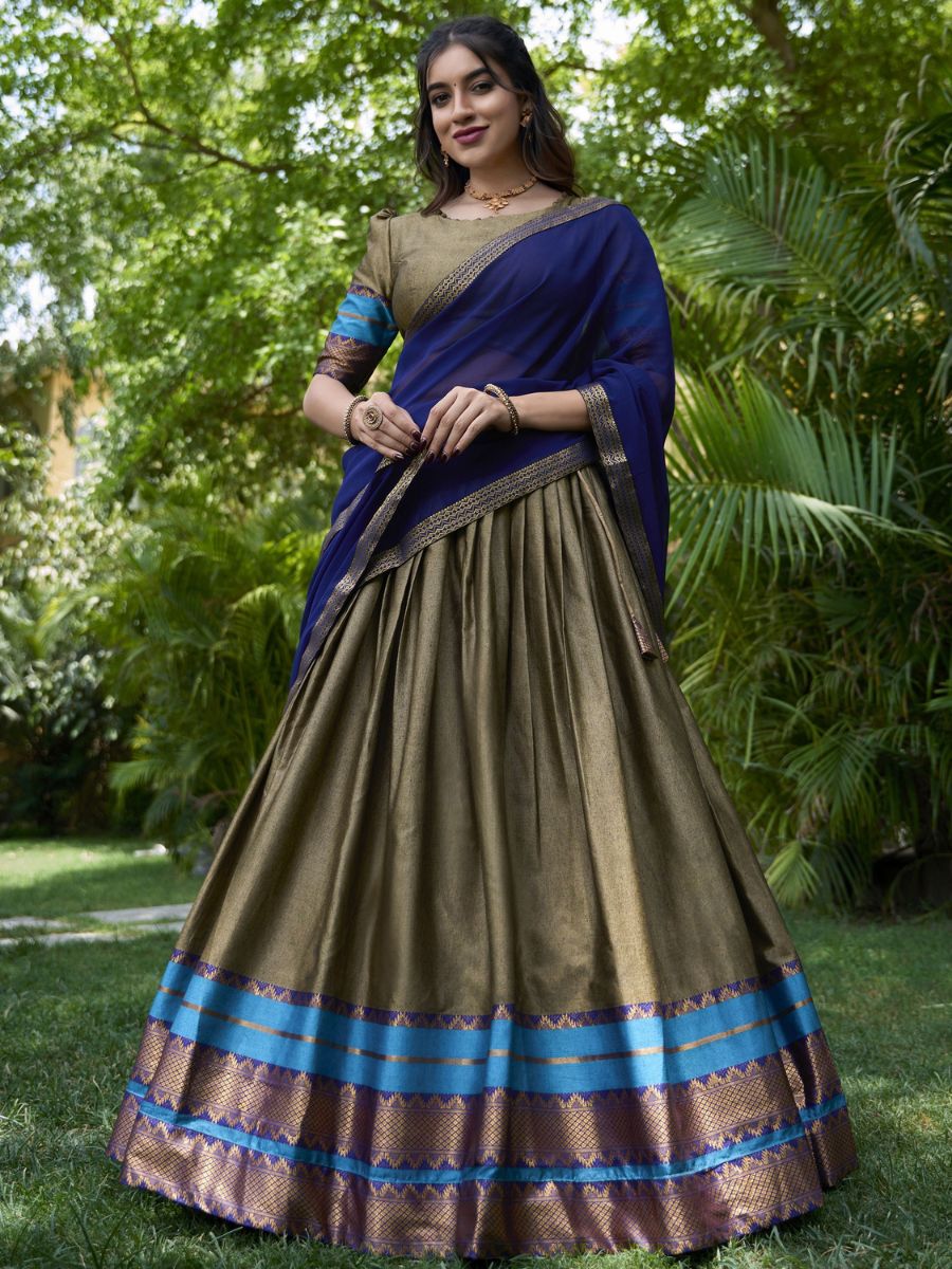 Buy Traditional Olive Green and Blue Cotton Half Lehenga Saree Online - AllThingsAboutWedding