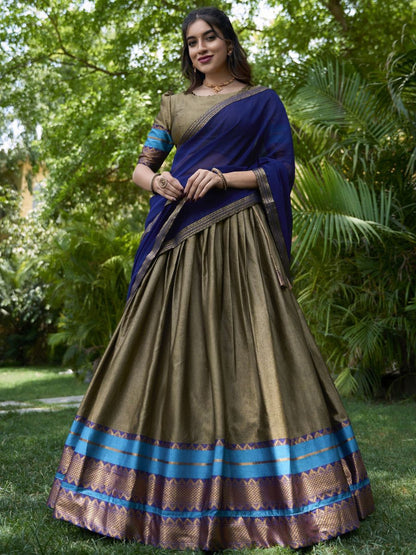 Buy Traditional Olive Green and Blue Cotton Half Lehenga Saree Online - AllThingsAboutWedding