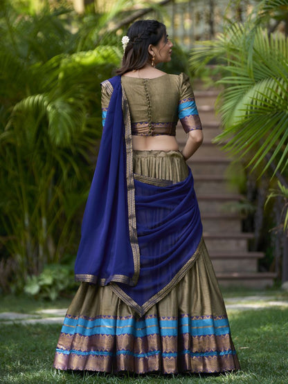 Traditional Olive Green and Blue Cotton Half Lehenga Saree - Back Side