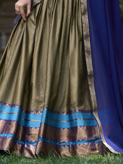 Traditional Olive Green and Blue Cotton Half Lehenga Saree - Zari Work