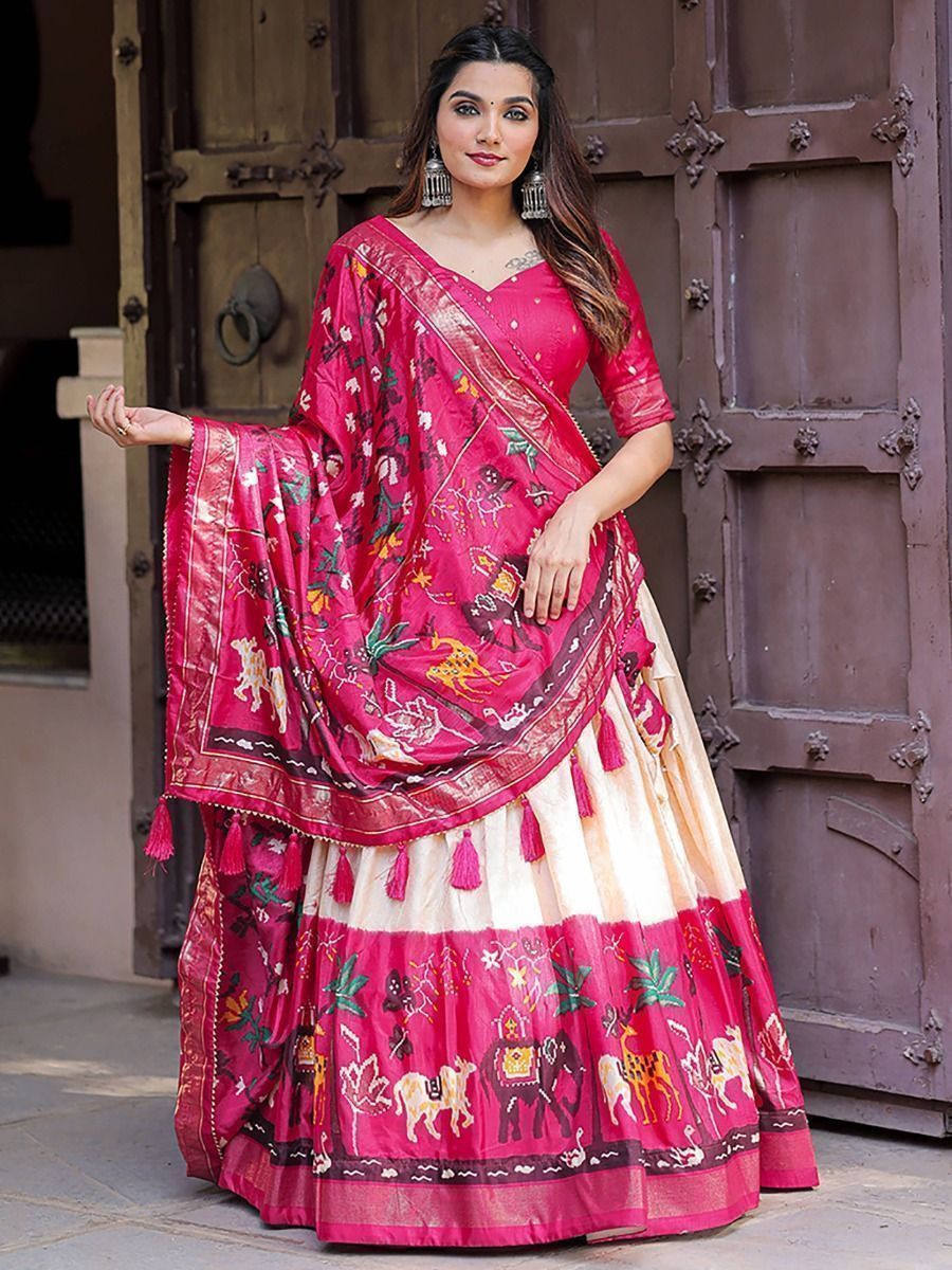 Buy Traditional Pink and White Digital Printed Dola Silk Lehenga Choli Online - AllThingsAboutWedding