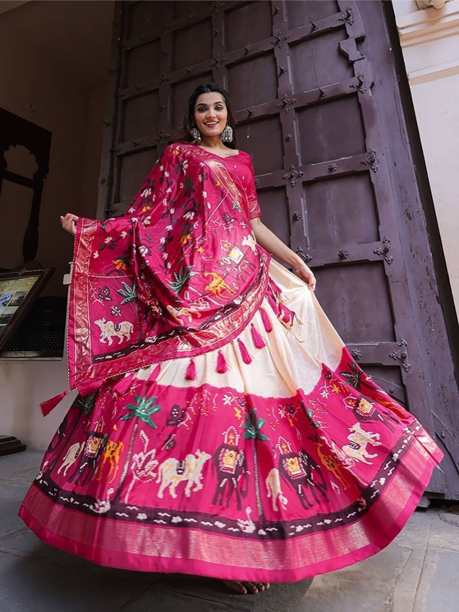 Traditional Pink and White Digital Printed Dola Silk Lehenga Choli - Flair