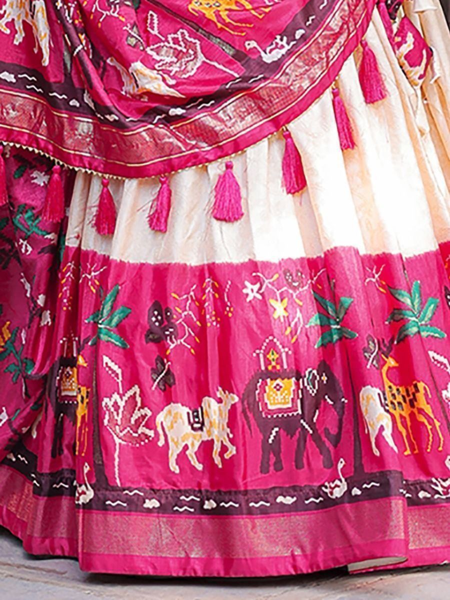 Traditional Pink and White Dola Silk Lehenga Choli - Digital Print