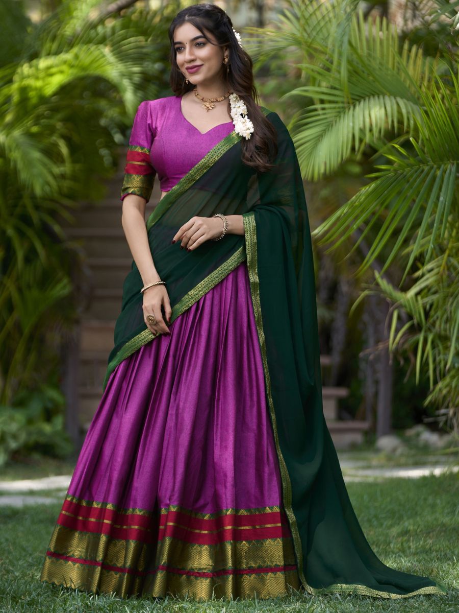 Buy Traditional Purple and Green Cotton Half Lehenga Saree Online - AllThingsAboutWedding