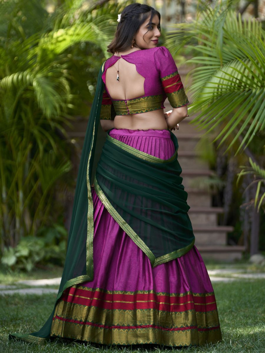 Traditional Purple and Green Cotton Half Lehenga Saree - Back Side