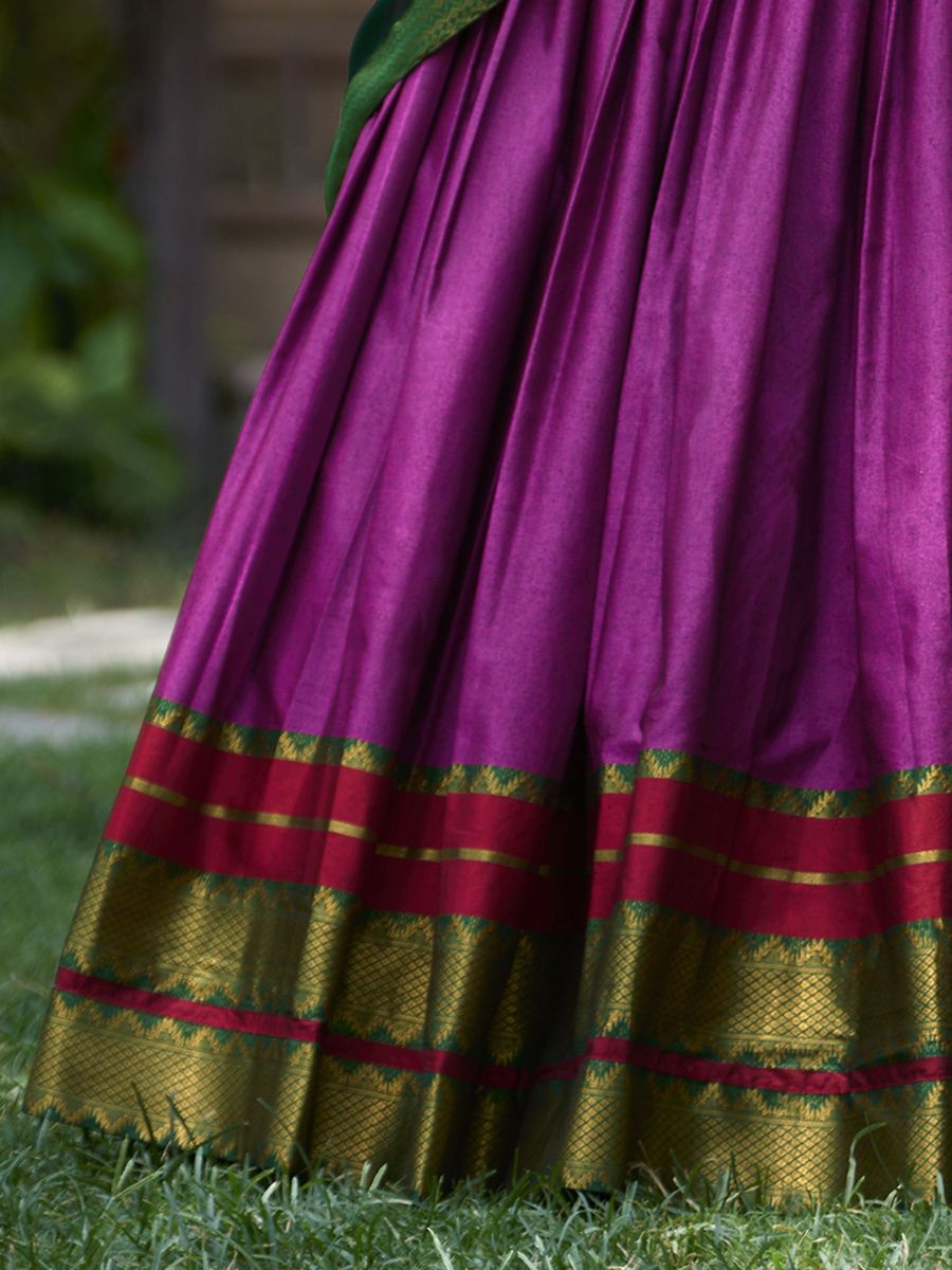 Traditional Purple and Green Cotton Half Lehenga Saree - Zari Work