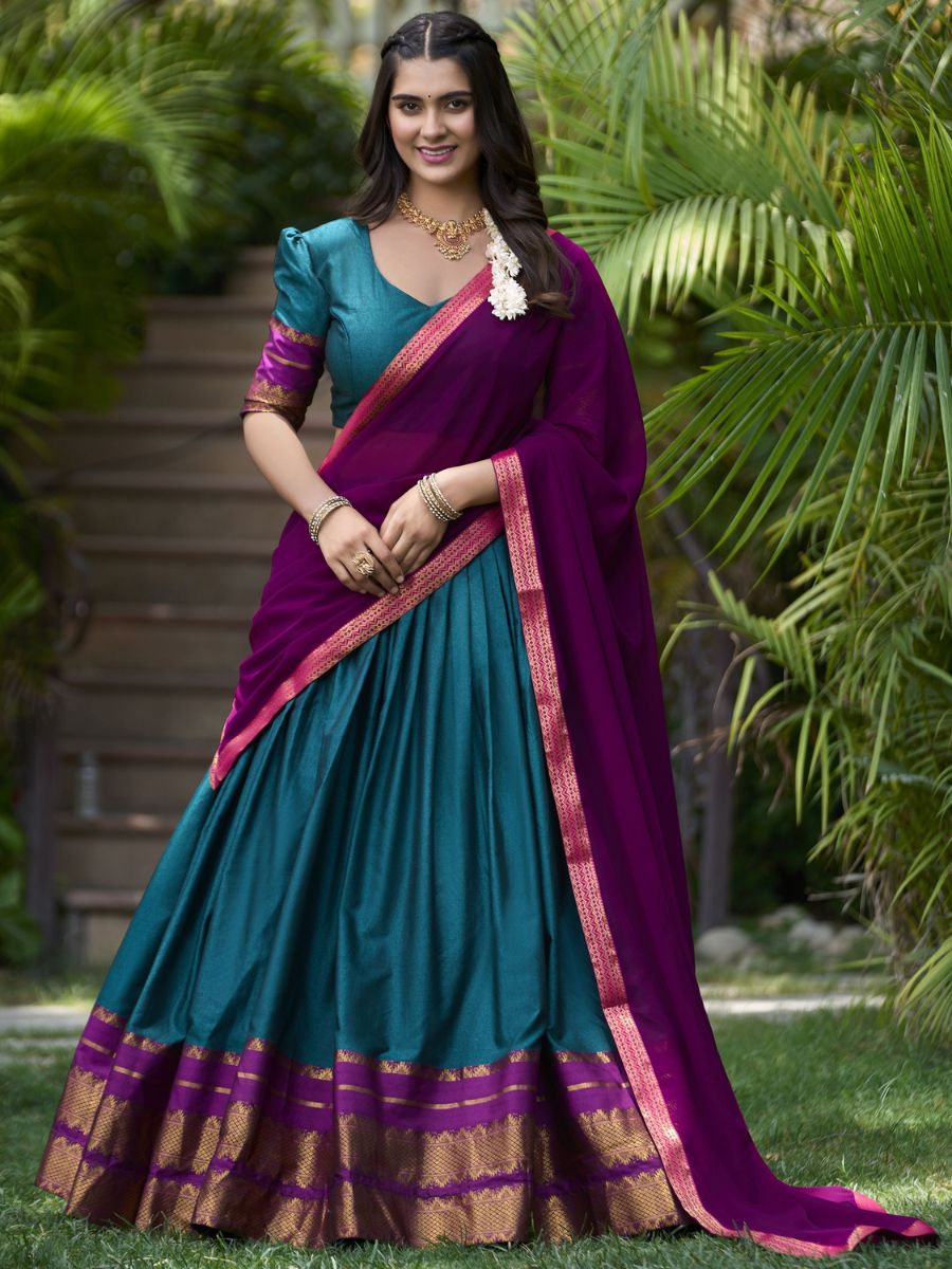 Buy Traditional Teal Blue and Purple Cotton Half Lehenga Saree Online - AllThingsAboutWedding