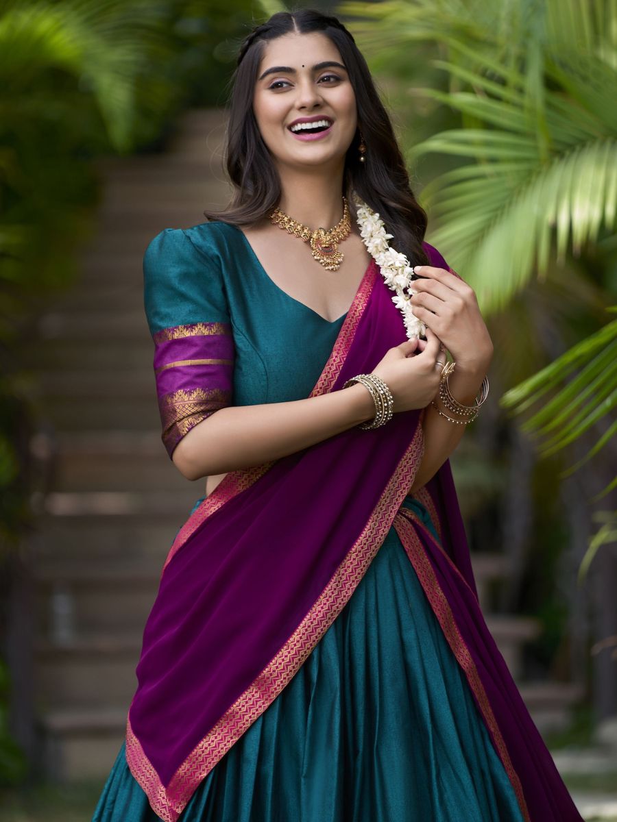 Traditional Teal Blue and Purple Cotton Half Lehenga Saree - Blouse Neck and Sleeve Design