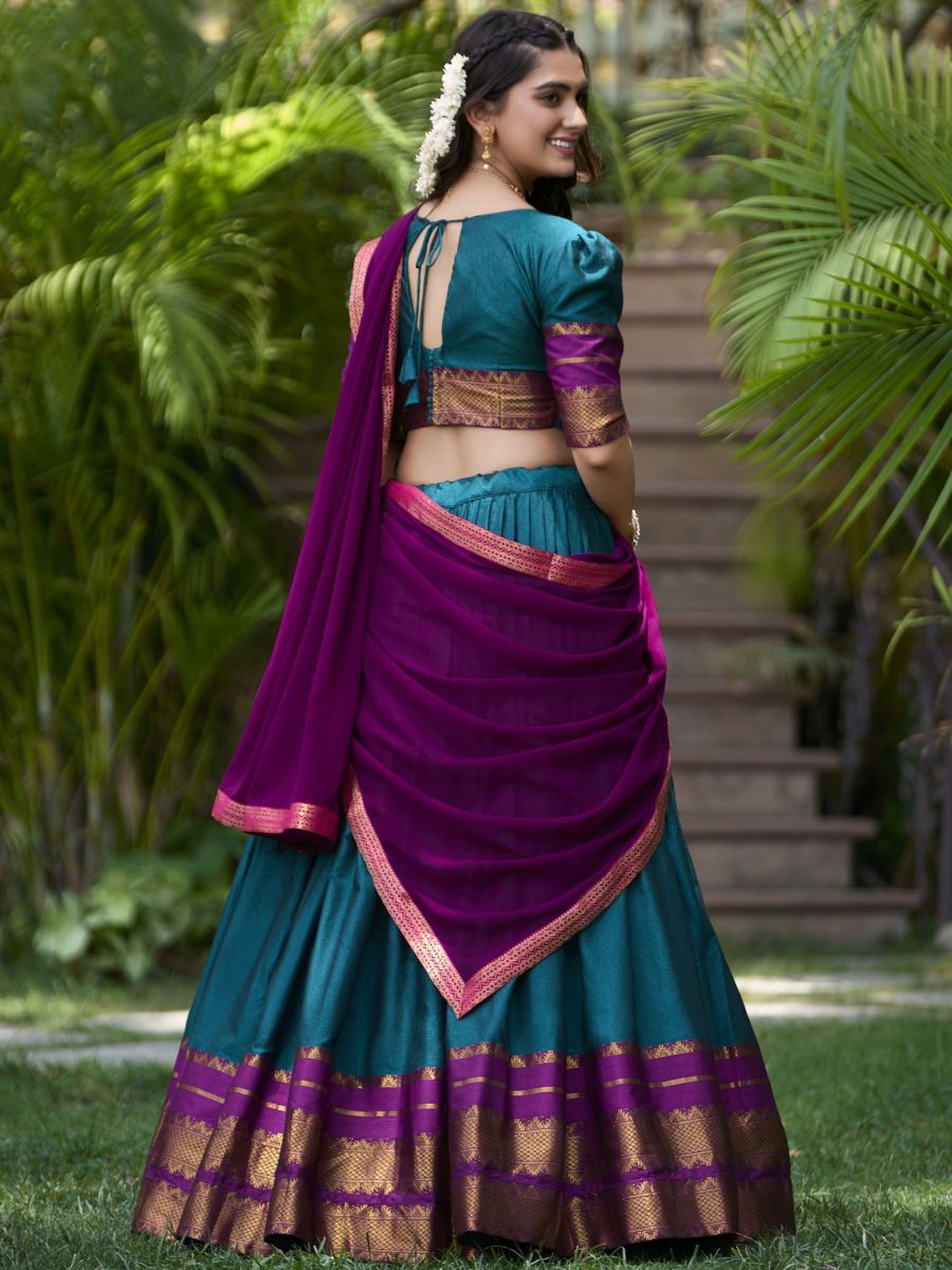 Traditional Teal Blue and Purple Cotton Half Lehenga Saree - Back Side