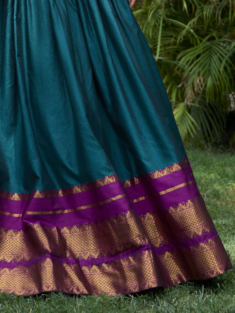 Traditional Teal Blue and Purple Cotton Half Lehenga Saree - Zari Work