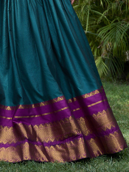 Traditional Teal Blue and Purple Cotton Half Lehenga Saree - Zari Work