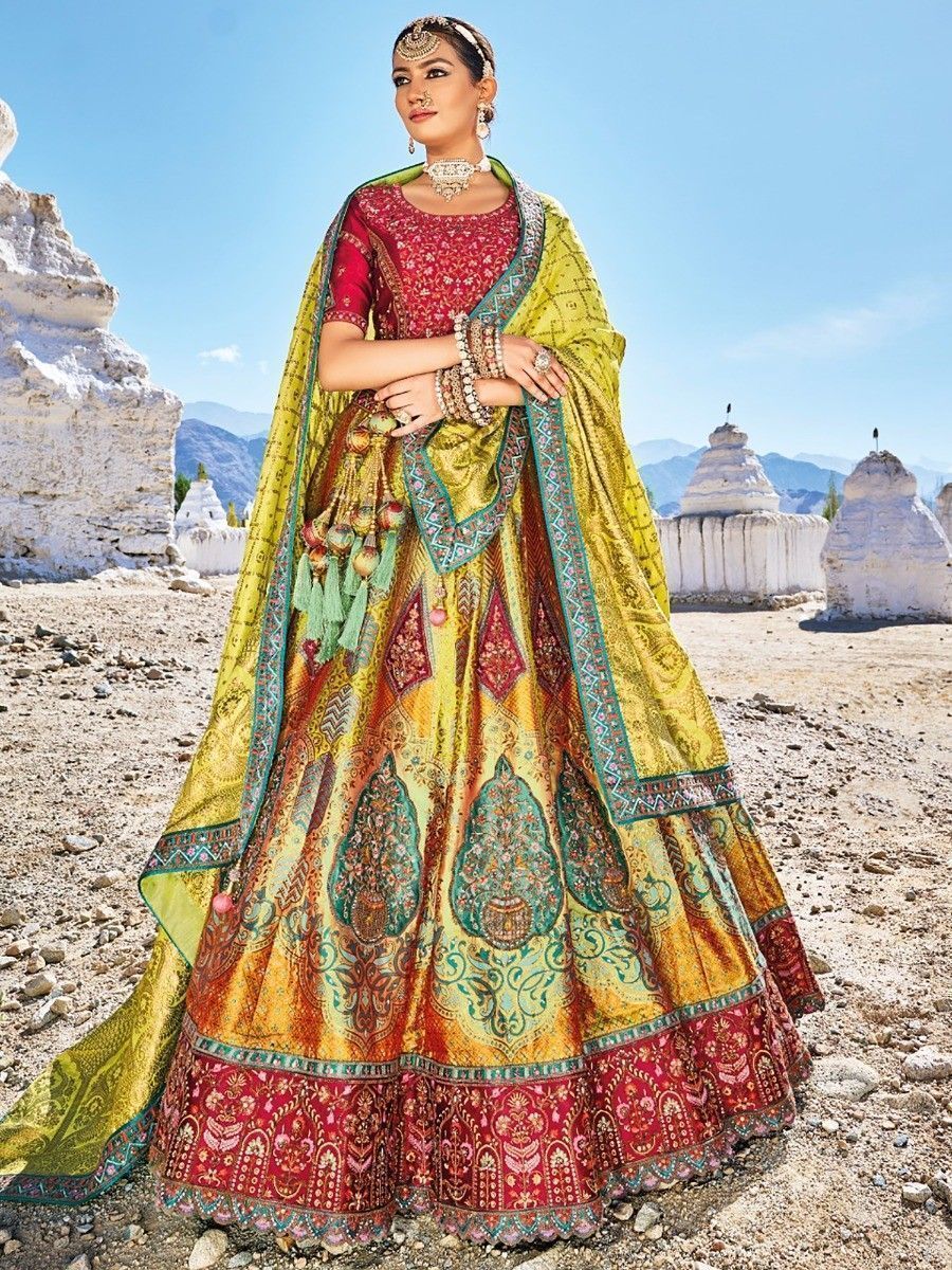 Buy Traditional Yellow Colour Thread Work Bridal Silk Lehenga Choli Online - AllThingsAboutWedding