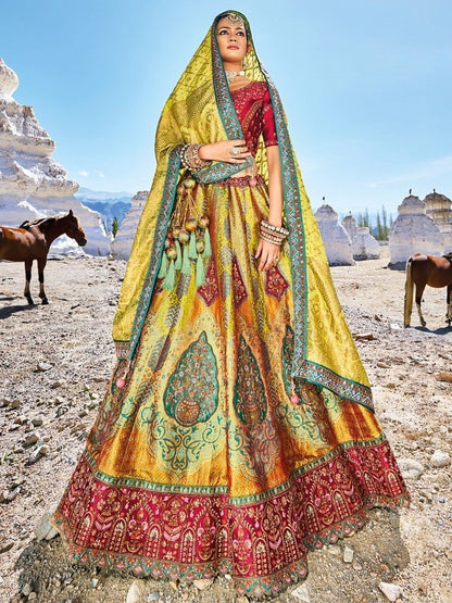 Traditional Yellow Colour Thread Work Bridal Silk Lehenga Choli with Dupatta