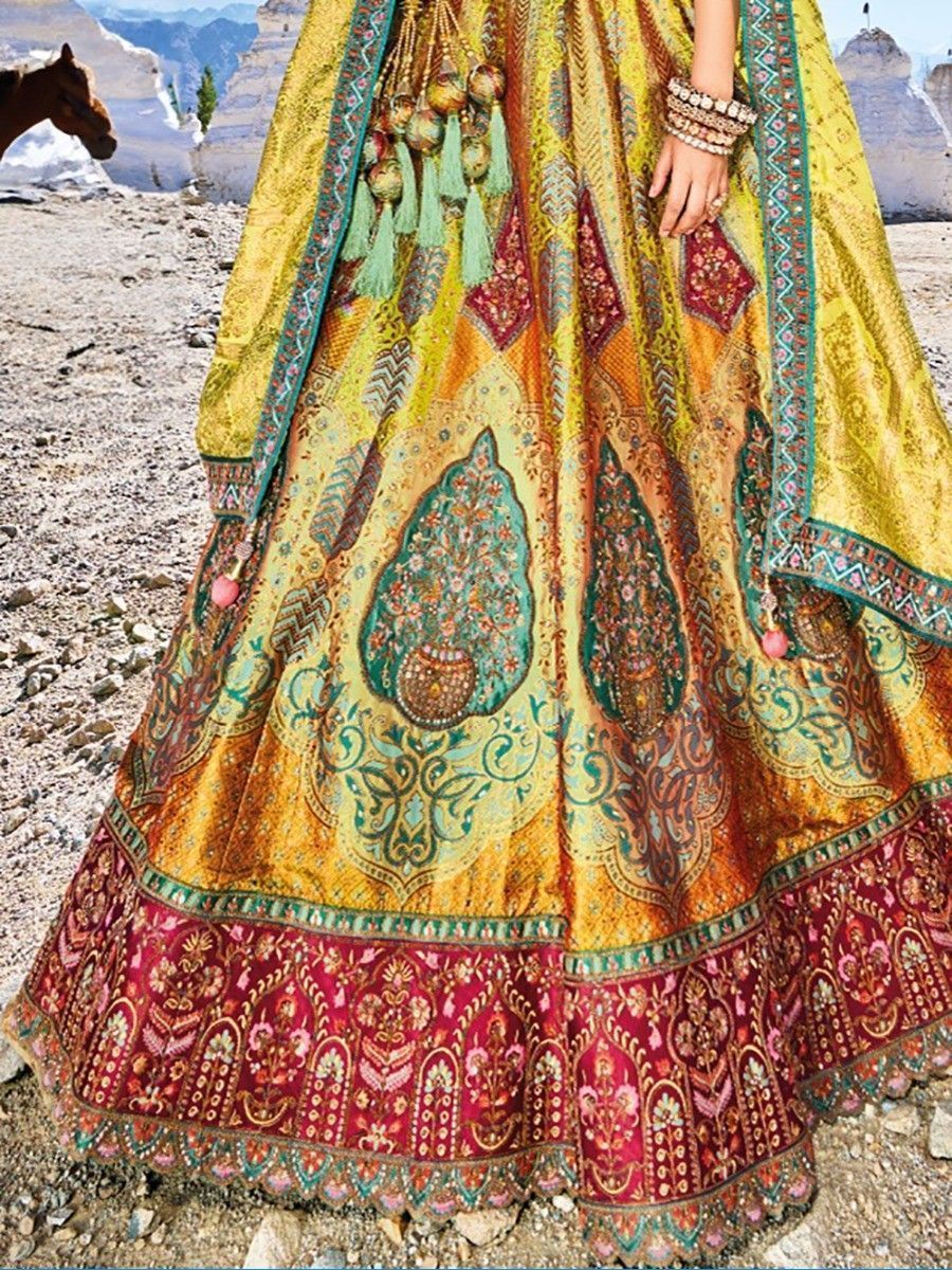 Traditional Yellow Colour Bridal Silk Lehenga Choli - Heavy Thread Work