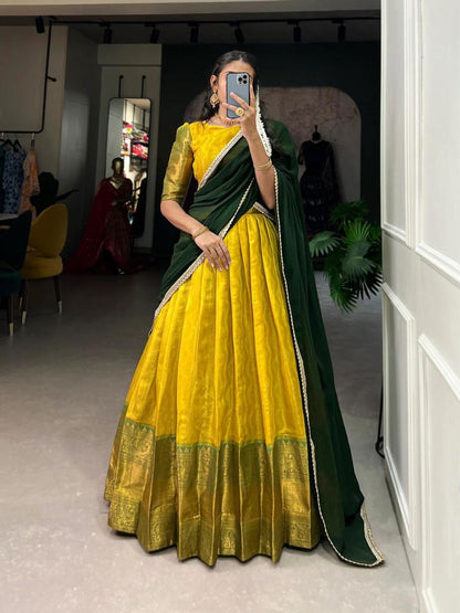 Buy Traditional Yellow Pleated Kanjivaram Half Lehenga Saree Online - AllThingsAboutWedding