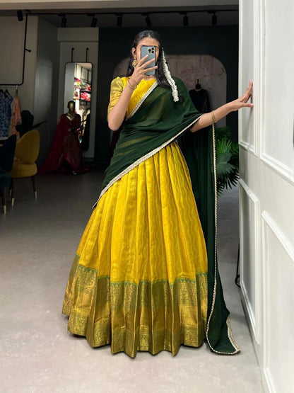 Traditional Yellow Pleated Kanjivaram Half Lehenga with Dupatta