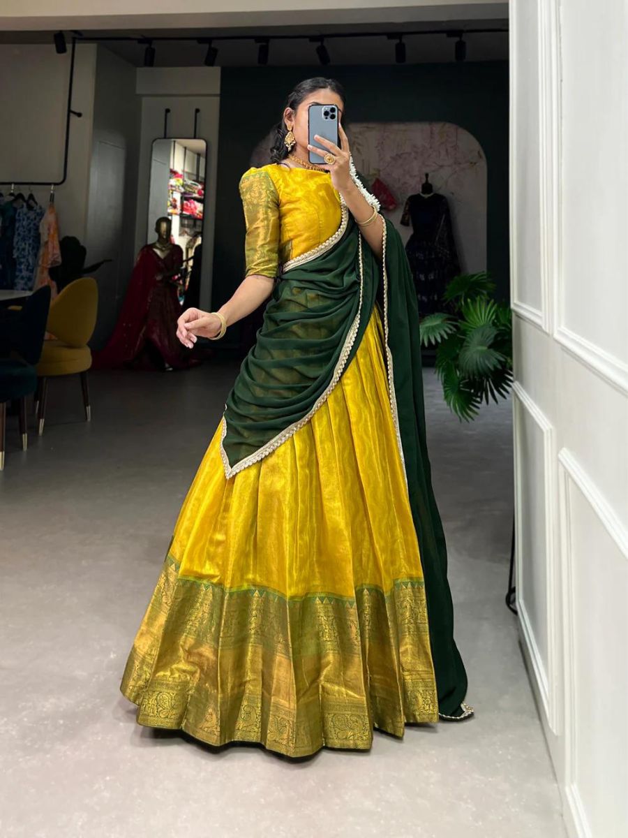 Traditional Yellow Pleated Kanjivaram Half Lehenga Saree - Side View