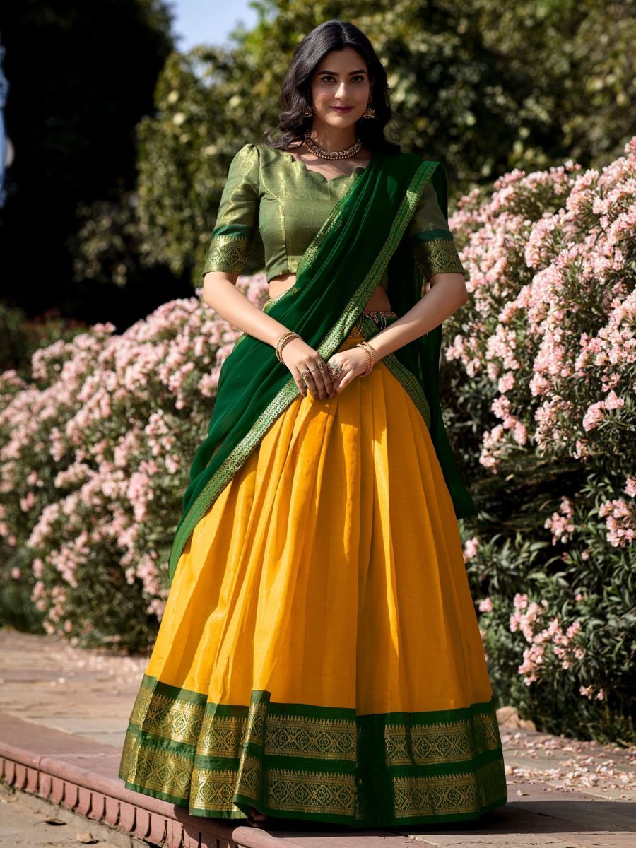 Buy Traditional Yellow and Green Kanchipuram Half Silk Lehenga Choli Online - AllThingsAboutWedding