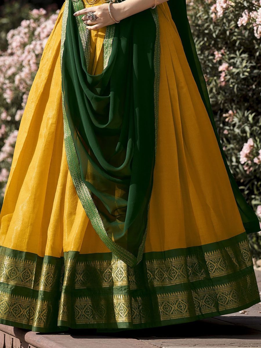 Traditional Yellow and Green Kanchipuram Half Silk Lehenga Choli - Flair