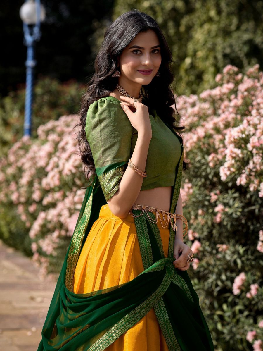 Traditional Yellow and Green Kanchipuram Half Silk Lehenga Choli - Blouse Front