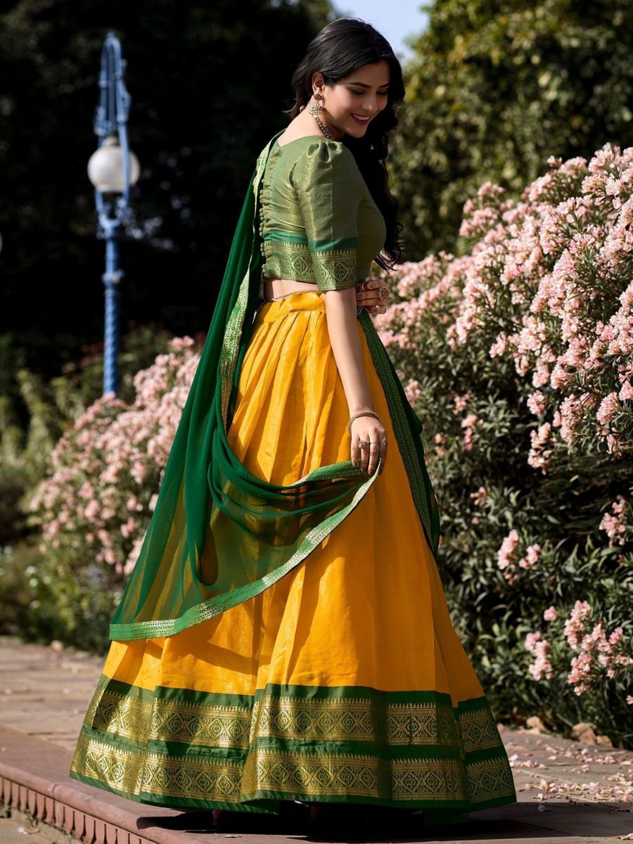 Traditional Yellow and Green Kanchipuram Half Silk Lehenga Choli - Blouse Back Neck