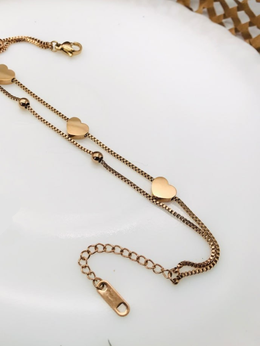 Trendy Heart Charms Double Chain Rose Gold Bracelet