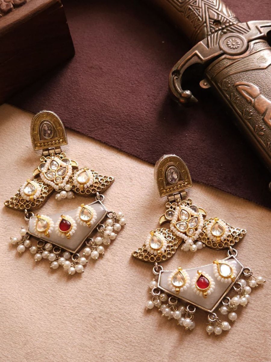 Buy White Stone and Kundan Studded German Silver Oxidised Earrings - TheJewelbox