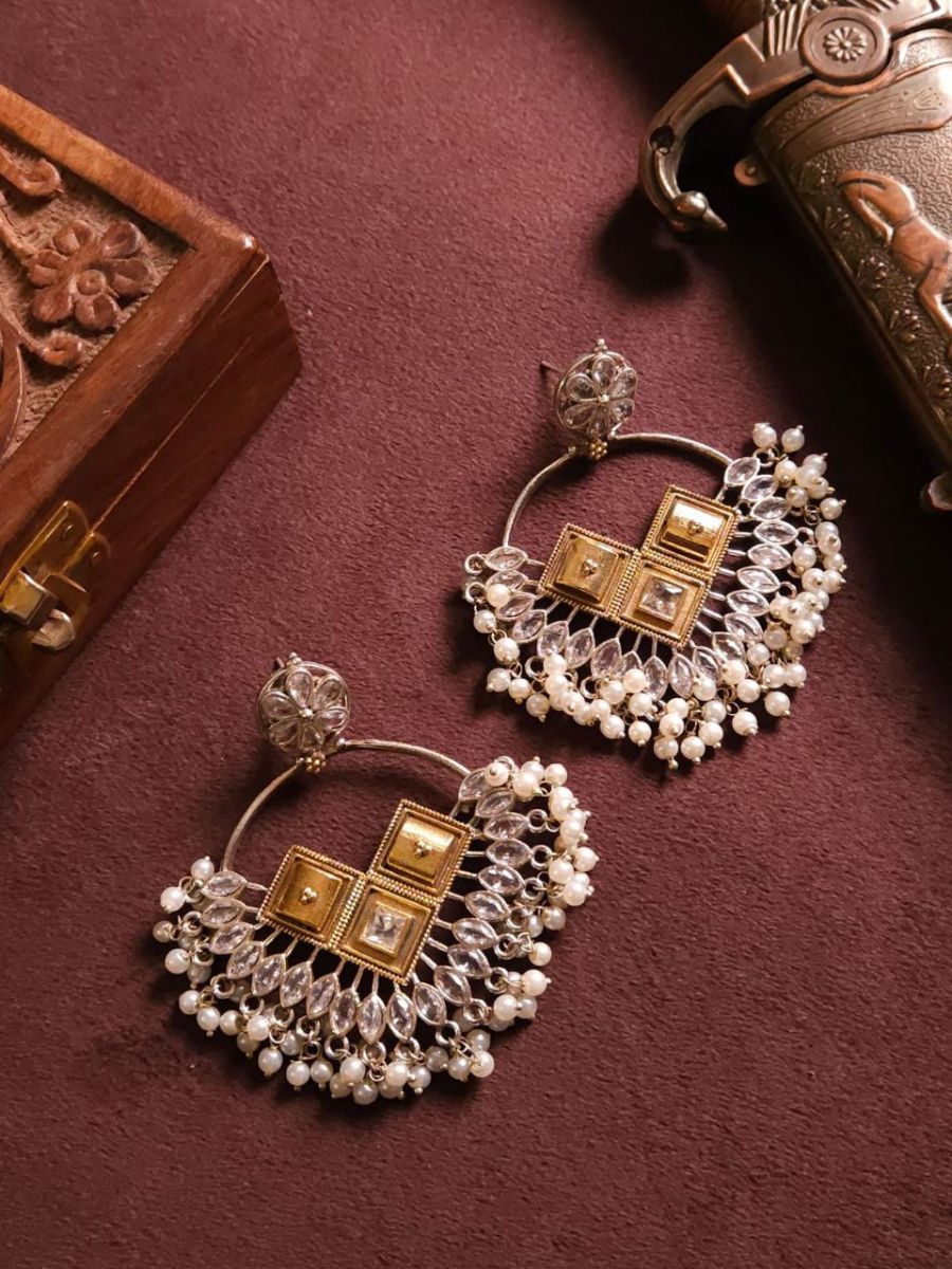 Buy White Stones German Silver Oxidised Chandbali Earrings - TheJewelbox