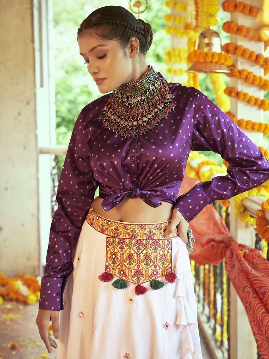 White and Purple Cotton Embroidered Navratri Crop Top 