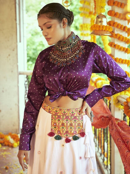 White and Purple Cotton Embroidered Navratri Crop Top 