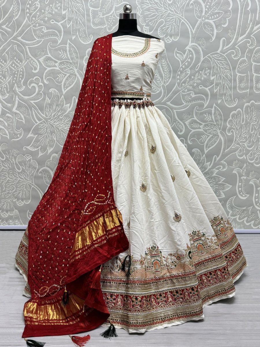 Buy White and Red Thread Work Silk Bridal Wedding Lehenga Choli Online - AllThingsAboutWedding