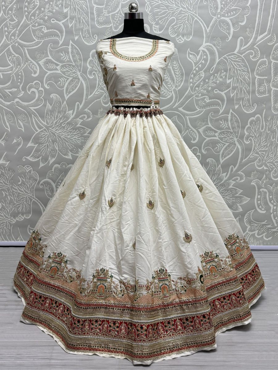 White and Red Thread Work Silk Bridal Wedding Lehenga Choli without Dupatta