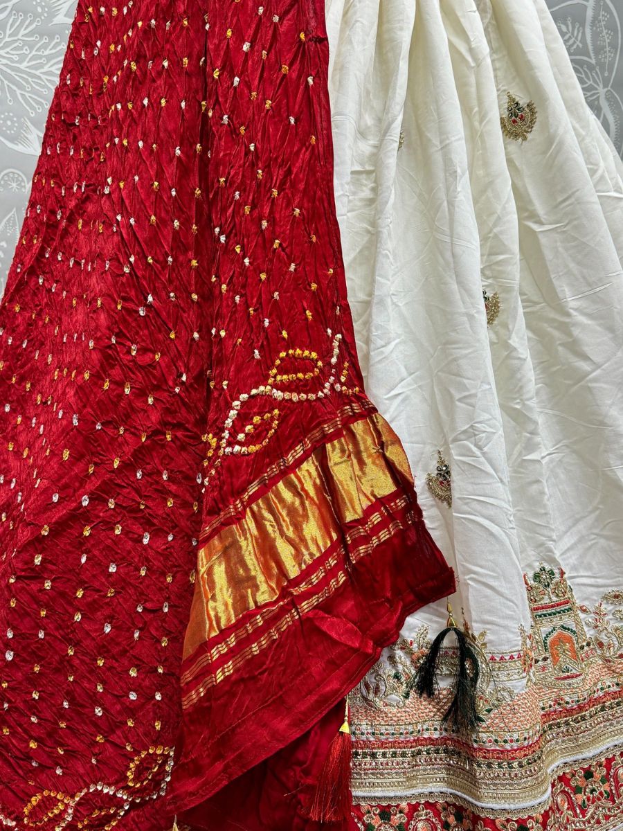 White and Red Thread Work Silk Bridal Wedding Lehenga Choli -  Red Bandhani Dupatta