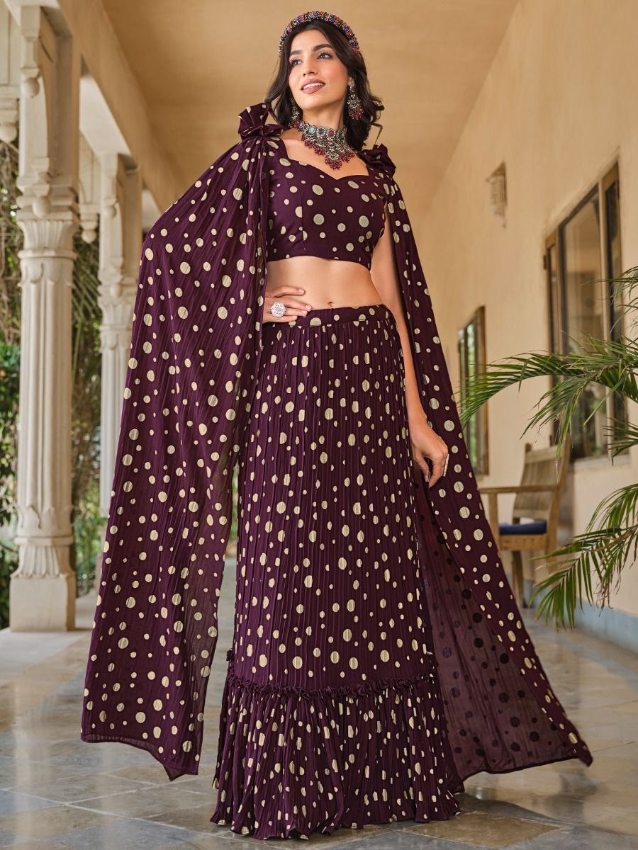 Buy Wine Colour Crushed Georgette Cape Sleeve Party Lehenga Online - AllThingsAboutWedding