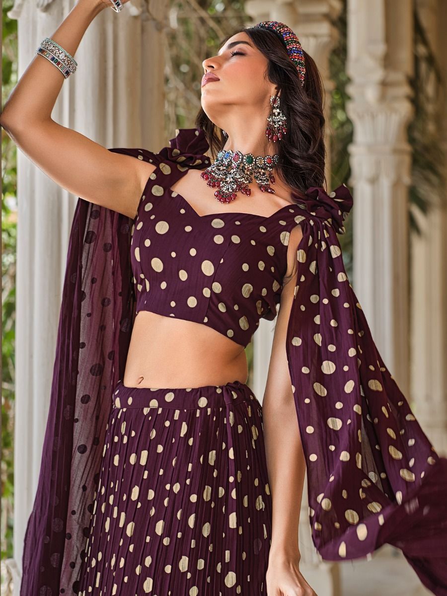 Wine Colour Crushed Georgette Party Lehenga Choli - Long Cape Sleeves