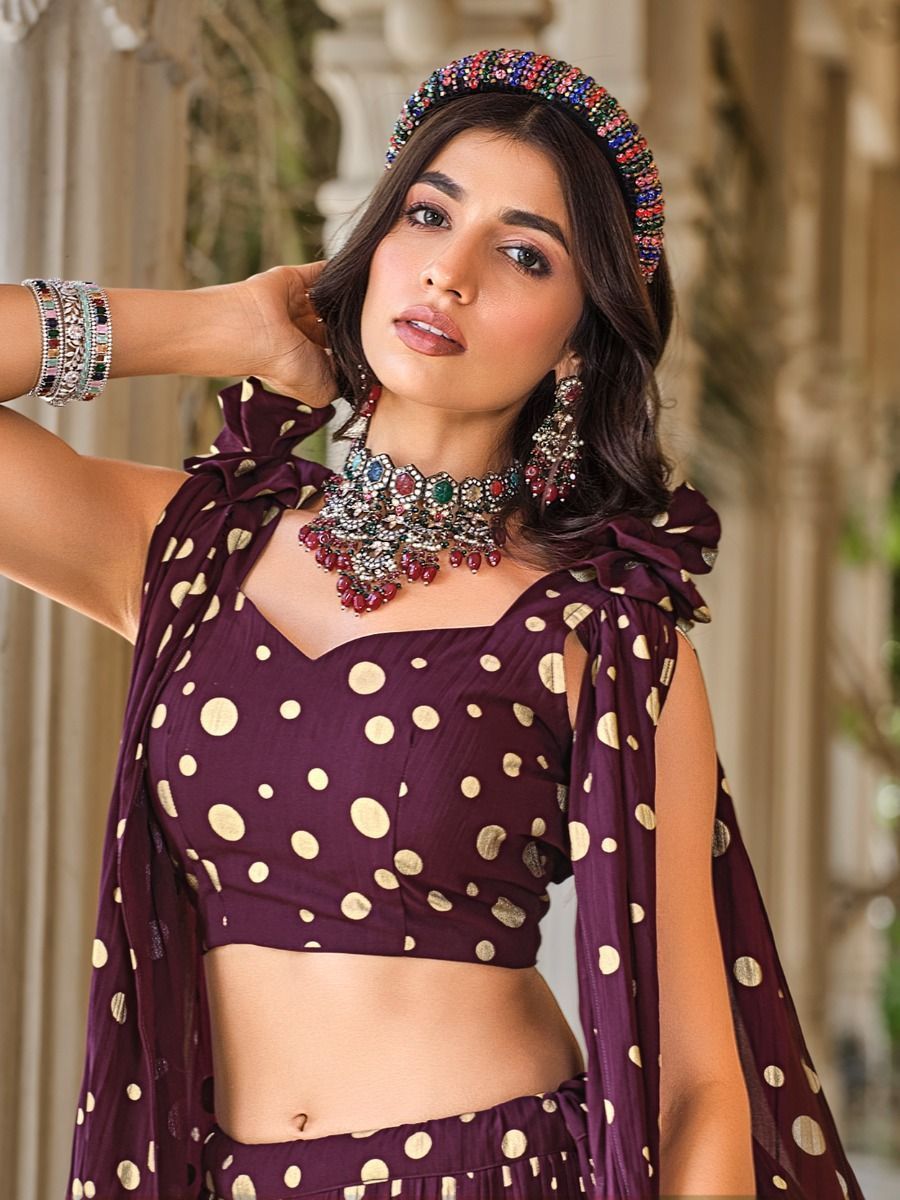 Wine Colour Crushed Georgette Cape Sleeve Party Lehenga - Blouse Front Neck