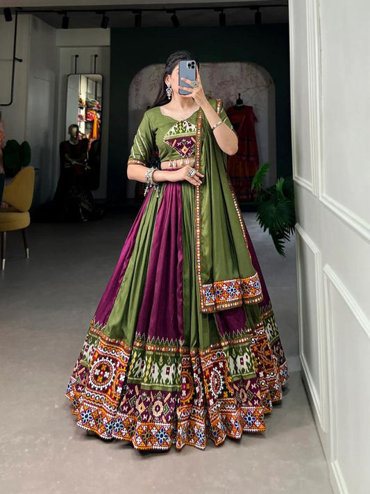 Buy Wine and Parrot Green Gamthi Printed Silk Chaniya Choli Online - AllThingsAboutWedding