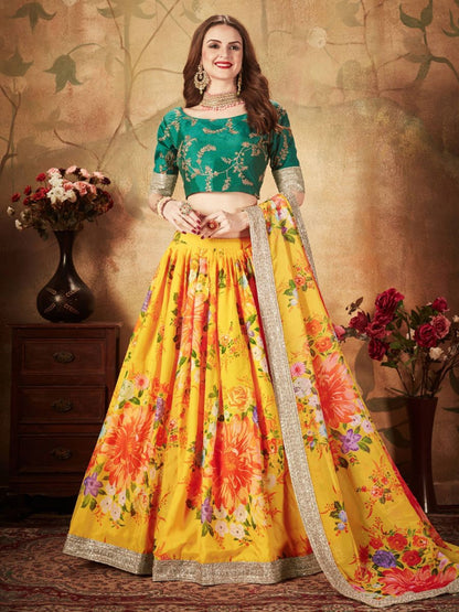 Buy Yellow and Green Floral Digital Printed Organza Lehenga Choli Online - AllThingsAboutWedding