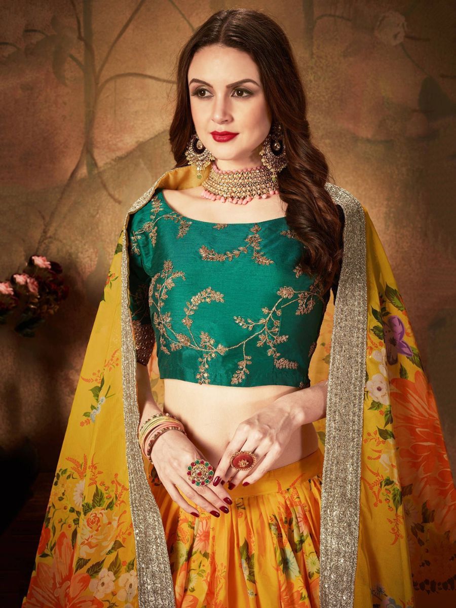 Yellow and Green Floral Digital Printed Organza Lehenga - Green Blouse