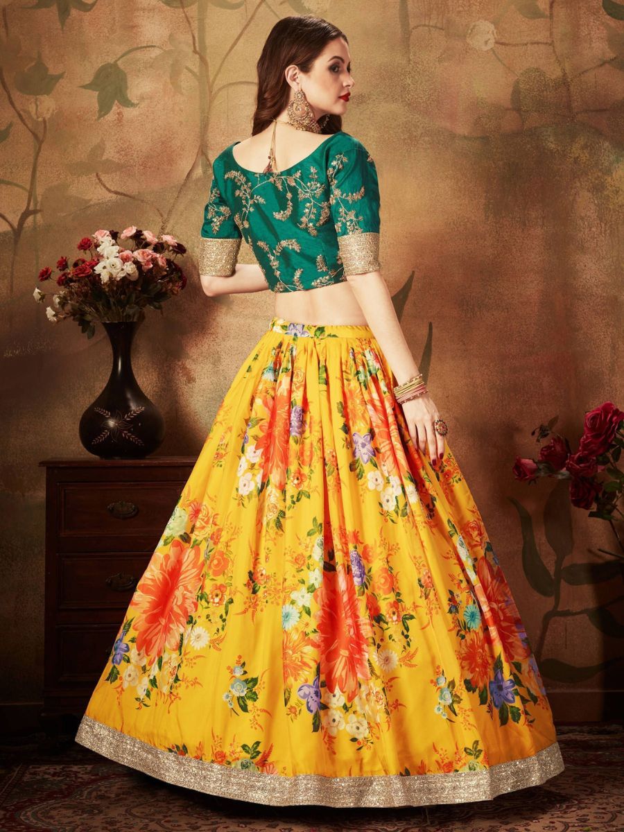 Yellow and Green Floral Digital Printed Organza Lehenga Choli - Back Side