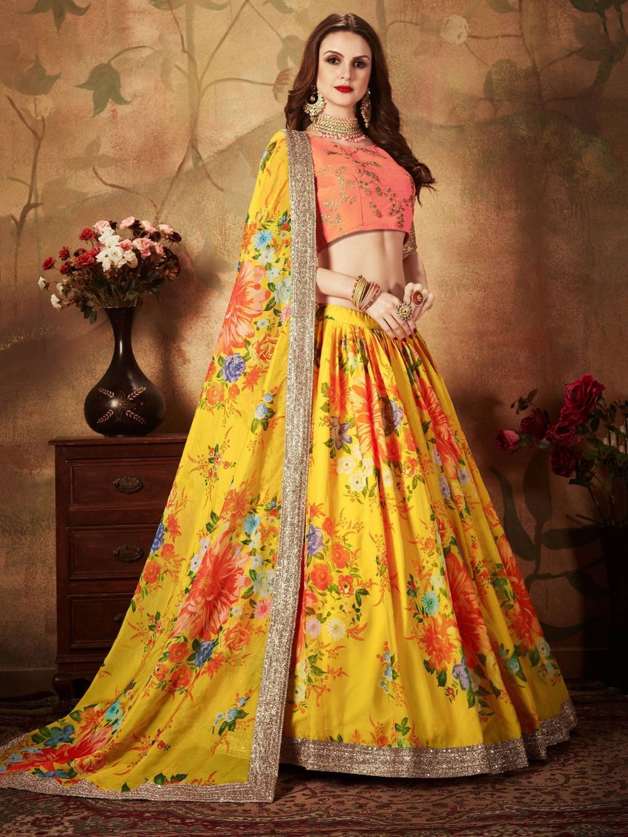 Buy Yellow and Peach Floral Digital Printed Organza Lehenga Choli Online - AllThingsAboutWedding