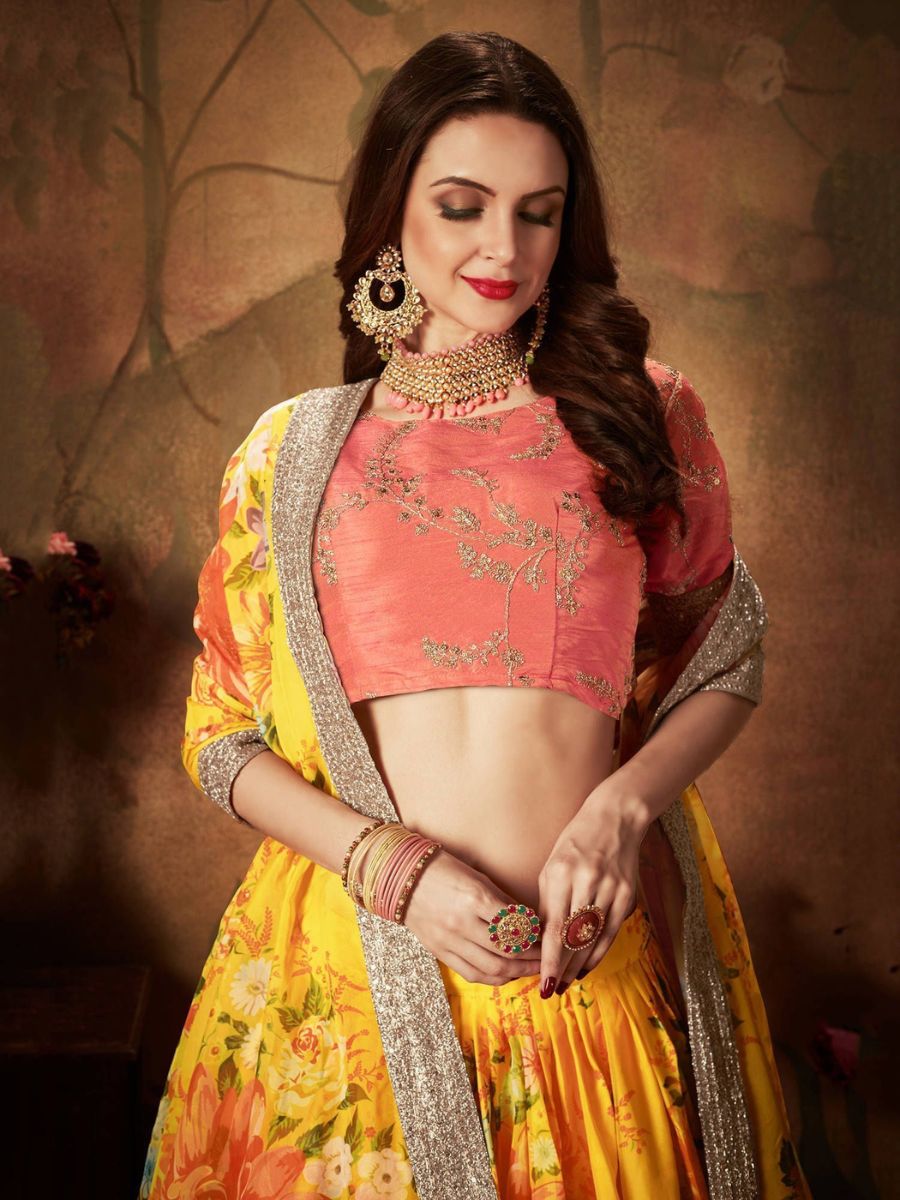 Yellow Floral Digital Printed Organza Lehenga - Peach Blouse