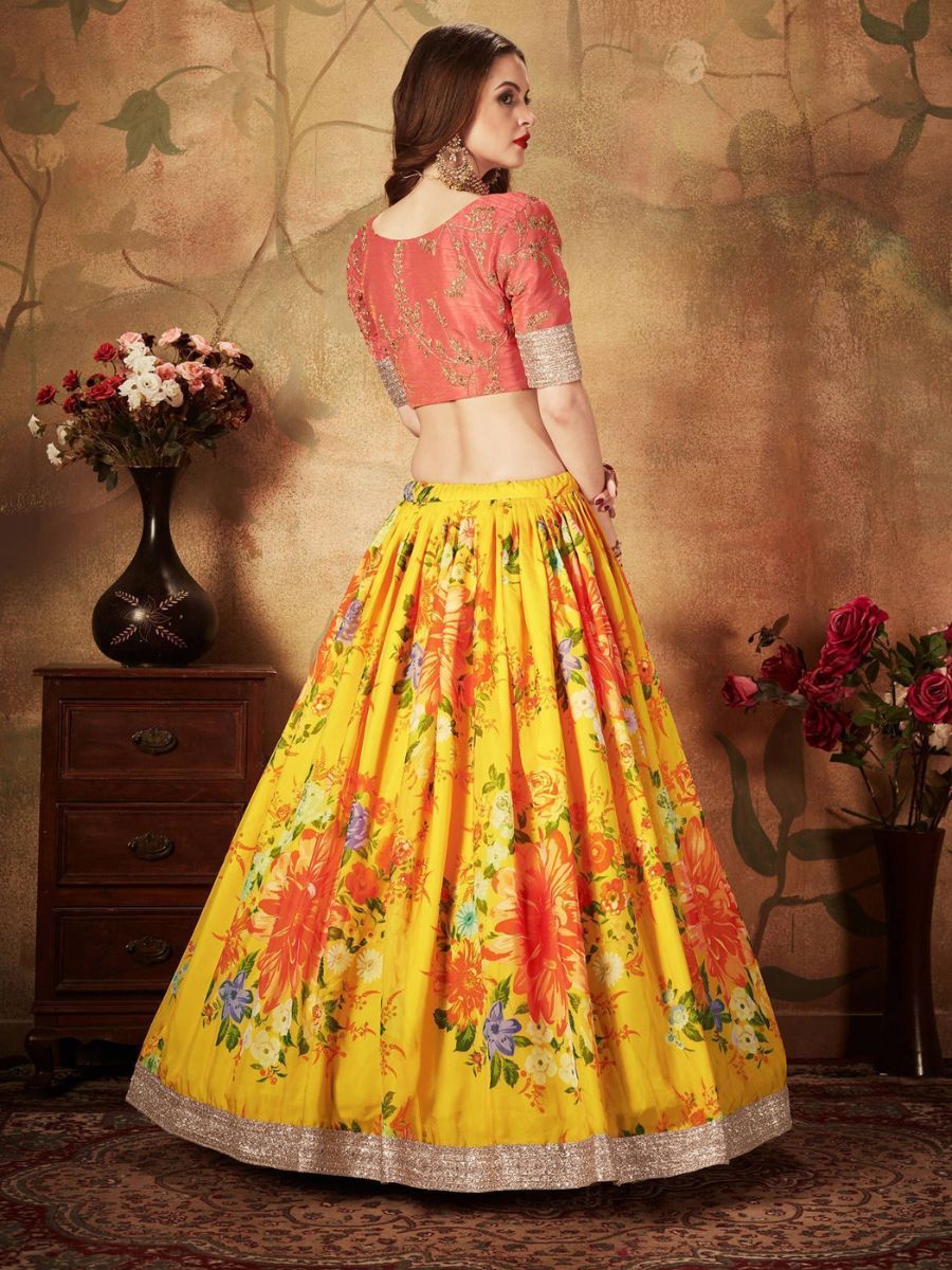 Yellow and Peach Floral Digital Printed Organza Lehenga Choli - Back Side